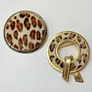 Vintage Leopard Calf Hair Brooch Pin Lot 2 Gold Tone Animal Print Round Brooch